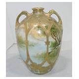 Nippon 8" landscape vase with heavy gold
