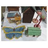 Lot of wooden buildings, log cabin, butterfly