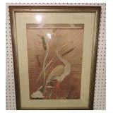 Needlepoint stork on silk picture, 28"x23"