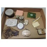 Box lot: compacts, change purses, ink wells,