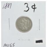 1881 Three cent nickel, AU55