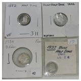 Lot of 4 Bust half dimes, 2 - 1832, 1836, 1837