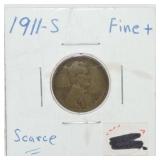 1911-S Lincoln cent, F+