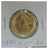 1893 $10 gold Liberty AU