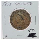 1828 large cent, F, small date