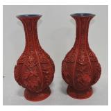 Carved cinnabar pair of vases, 12 1/2"