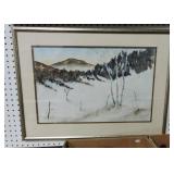 Winter landscape watercolor, artist signed,
