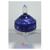 Bohemian cobalt cut to clear candy dish