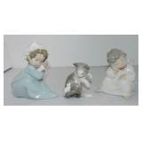 Lladro lot of 3 figures - baby, cat with mouse,