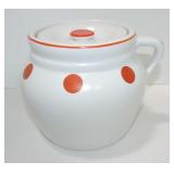 Hall China one handled bean pot, red dot