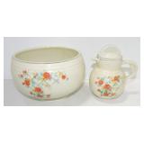 Hall China floral lattice batter bowl and syrup