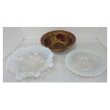 Lot of 2 opalescent bowls and a goofus glass bowl