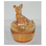 Carnival glass dog covered jar