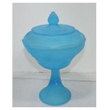 Fenton blue satin glass covered candy dish
