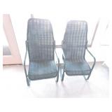 Pair of green wicker/metal lawn chairs and