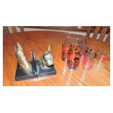 Scottie dog pair of bookends and glass tumbler