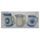 Bleu/white stoneware lot of 3 pitchers, various