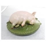German porcelain pink pig with wicker tray
