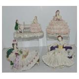 Dresden lot of 4 lady figures with lace dresses,