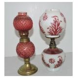 Lot of 2 miniature oil lamps, nicks to shade