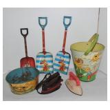 Tin lithograph sand toys and 2 child's irons