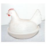 Milk glass hen on nest, 4'