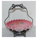 Cranberry cased glass floral enamel brides' basket