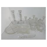 Lot of clear glass items including 2 pair candle