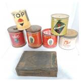 Lot of 6 tobacco tins and 1 wooden cigar box
