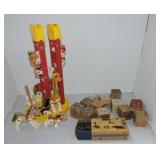 Fisher Price circus, wooden blocks, and dominoes