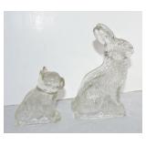 Glass candy container dog (chip to ear) and rabbit