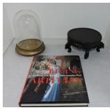 Glass dome, teakwood stand, and book,