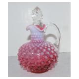 Fenton cranberry opalescent hobnail cruet, 6'