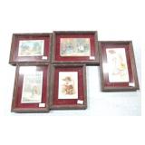 Lot of 5 advertising trade cards, framed