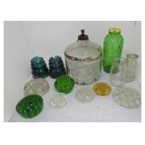 Glass lot of insulators, flower frogs, bottles,