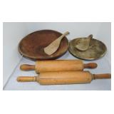 Wooden primitive lot of 2 bowls, 2 rolling pins,