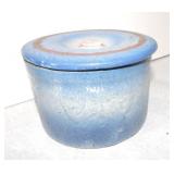 Blue/white stoneware butter crock, hairline