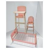 Lot of 2 doll highchairs and bed