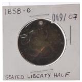 1858-O Liberty Seated half, holed
