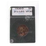 1936-D Buffalo nickel VF30, 3 1/2 leg