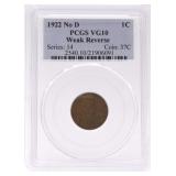 1922 no D Lincoln cent PCGS VG10, weak reverse