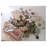 Large lot of foreign coins & currency, tokens, and
