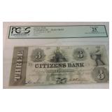 Obsolete bank note $3, 1852 Citizens Bank,