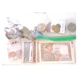 Lot of foreign coins, currency, tokens, & medals
