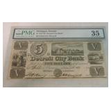 Obsolete bank note 1837 $5 Detroit City Bank,