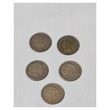 5 Indian Head Pennies: 1900 (2), 1902, 1906, 1909