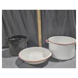 White Enamel Pan and Basin, Graniteware Strainer