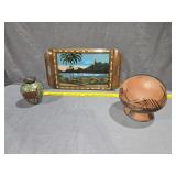 Painted Wooden Tray, Multi Colored Pottery