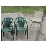 4 Green Plastic Outdoor Chairs, Tan Bar Height
