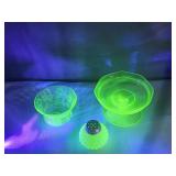 Uranium Glass: salt shaker, footed bowl, small